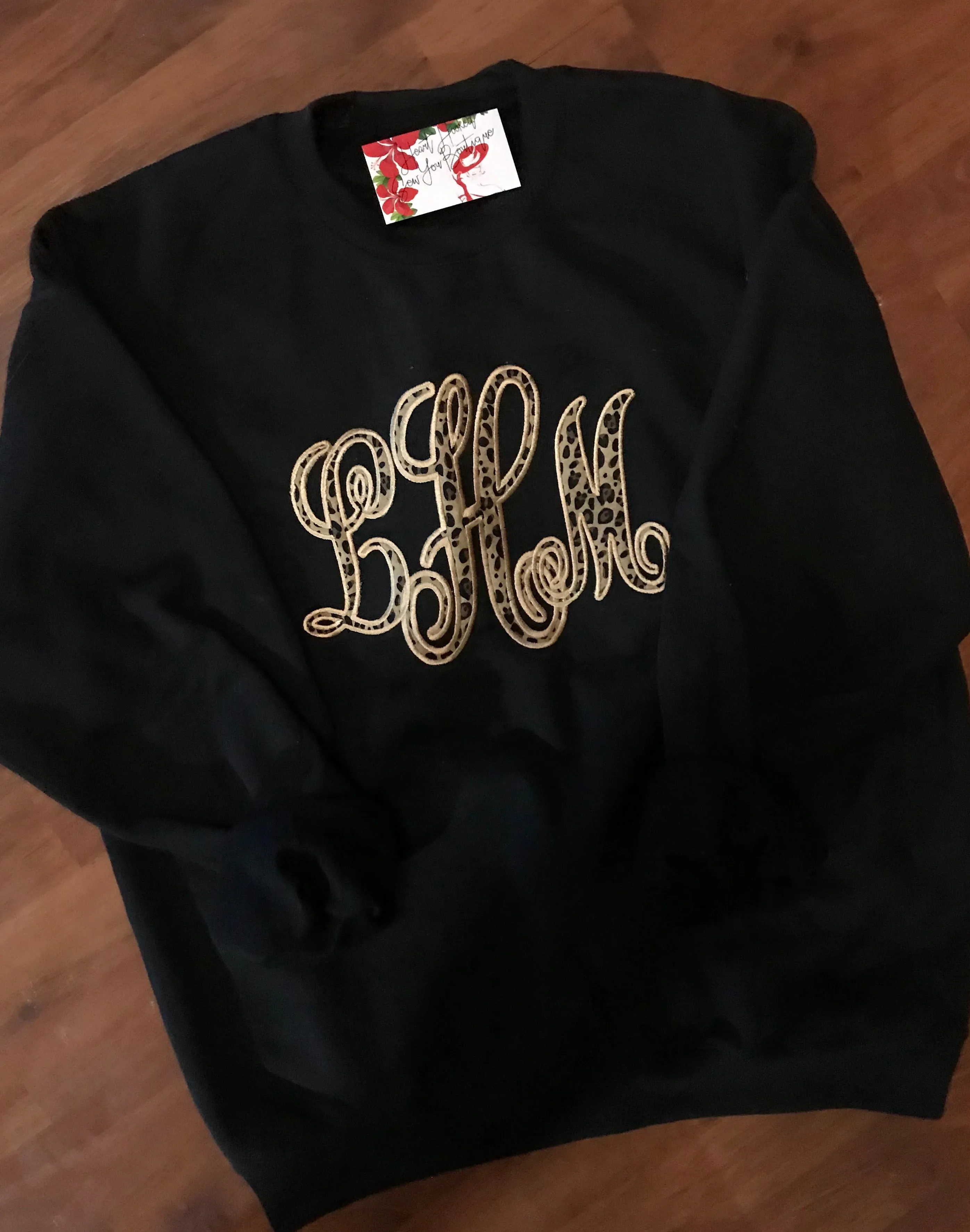 Full Chest Monogram Leopard Appliqué *Embroidered* Sweatshirt. Black or Burt orange