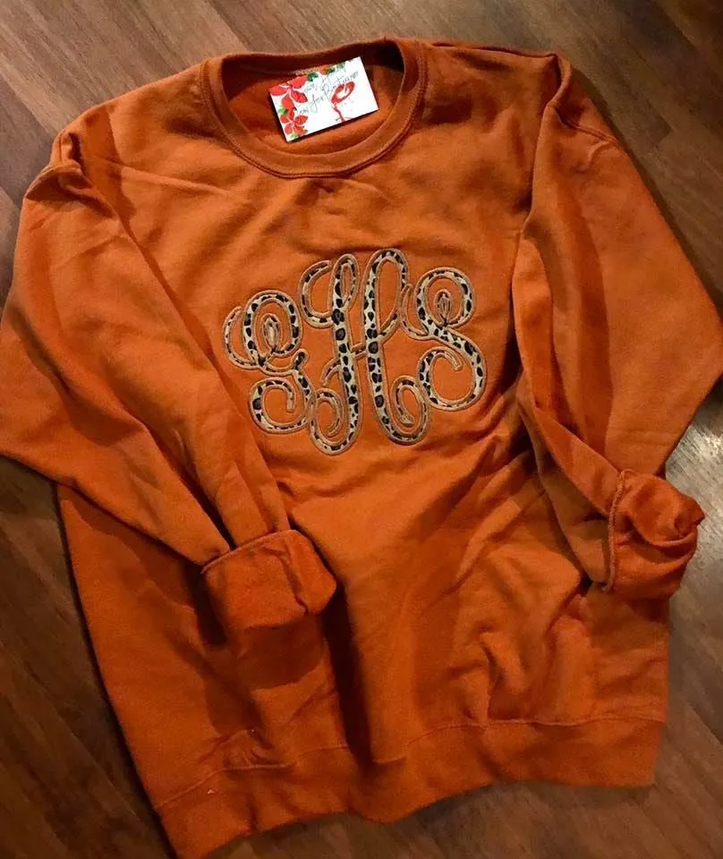 Full Chest Monogram Leopard Appliqué *Embroidered* Sweatshirt. Black or Burt orange