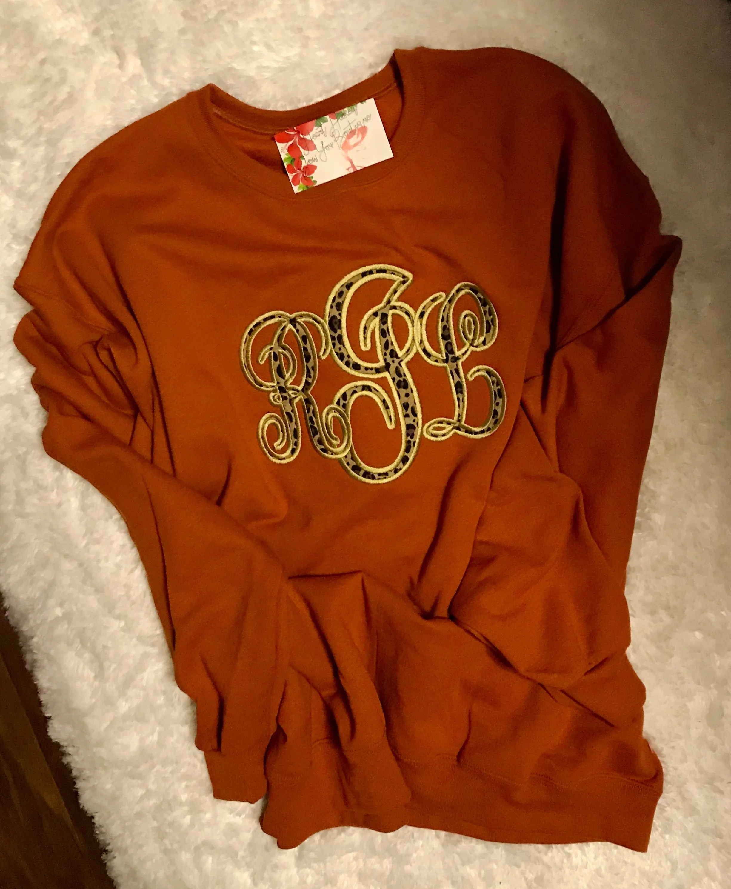Full Chest Monogram Leopard Appliqué *Embroidered* Sweatshirt. Black or Burt orange