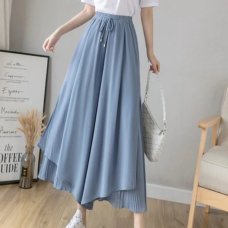 Getadme Elastic Wide Leg Pants Women Korean Fashion Chiffon Trousers Summer Casual Loose Pleated Pants Lady High Waist Street Skirt Pant