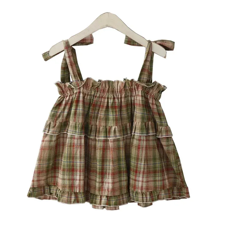 Getadme Girly Y2k Crop Top Homemade Summer New Japan Style Vintage Sweet Spicy Fungus Edge Lace Up Green Plaid Strap Tank Top for Women