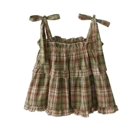 Getadme Girly Y2k Crop Top Homemade Summer New Japan Style Vintage Sweet Spicy Fungus Edge Lace Up Green Plaid Strap Tank Top for Women
