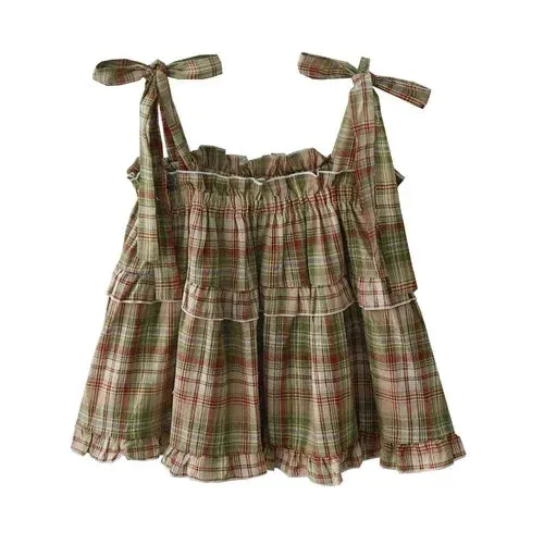 Getadme Girly Y2k Crop Top Homemade Summer New Japan Style Vintage Sweet Spicy Fungus Edge Lace Up Green Plaid Strap Tank Top for Women