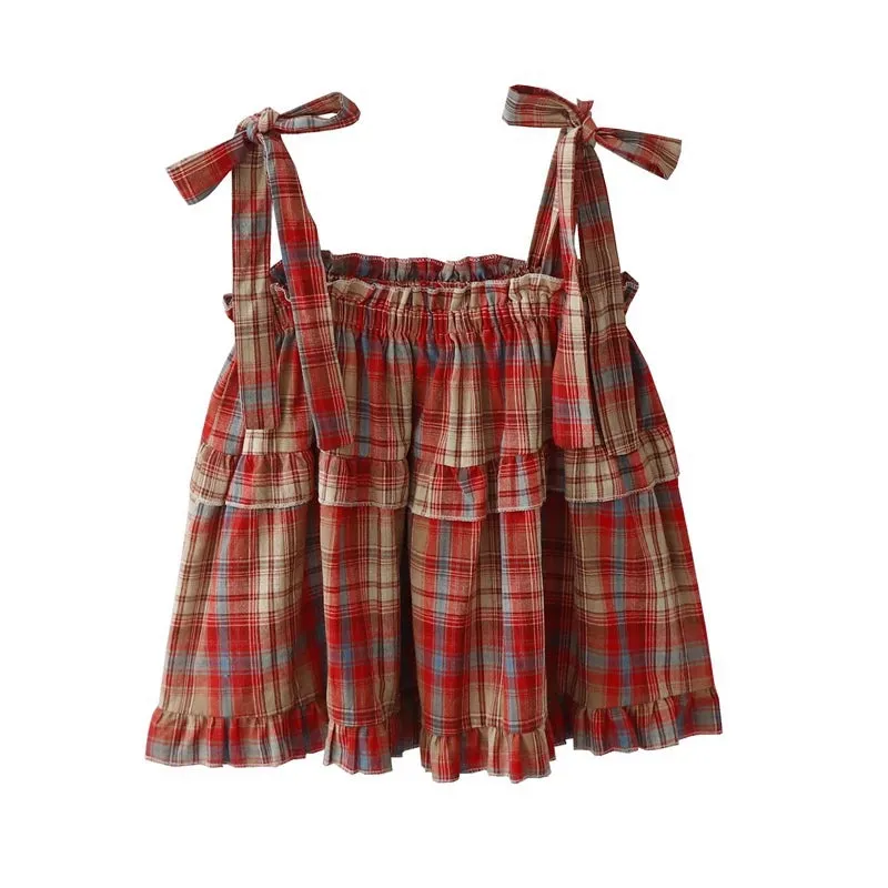 Getadme Girly Y2k Crop Top Homemade Summer New Japan Style Vintage Sweet Spicy Fungus Edge Lace Up Green Plaid Strap Tank Top for Women