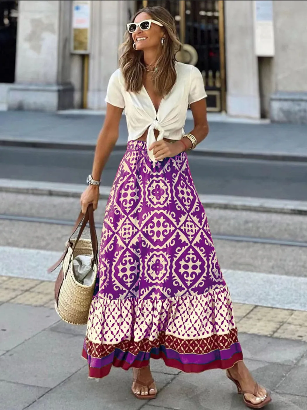 Getadme Jastie Boho Retro Floral Print Skirts Women Summer High Waist A-Line Pleated Long Skirts Casual Holiday Beach Skirt