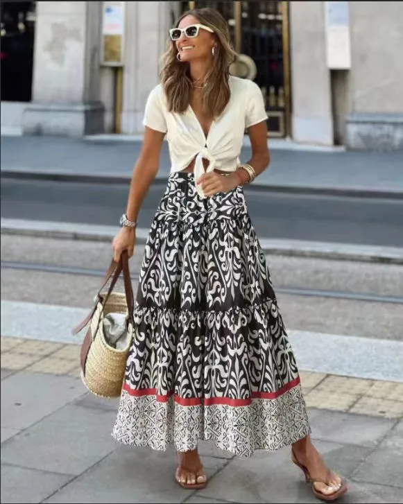 Getadme Jastie Boho Retro Floral Print Skirts Women Summer High Waist A-Line Pleated Long Skirts Casual Holiday Beach Skirt