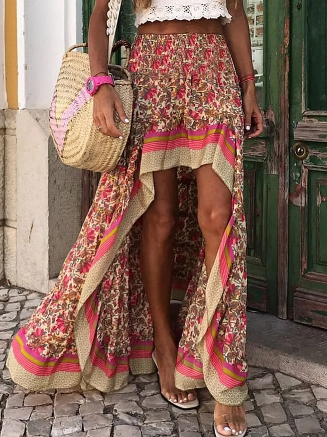 Getadme Jastie Boho Retro Floral Print Skirts Women Summer High Waist A-Line Pleated Long Skirts Casual Holiday Beach Skirt