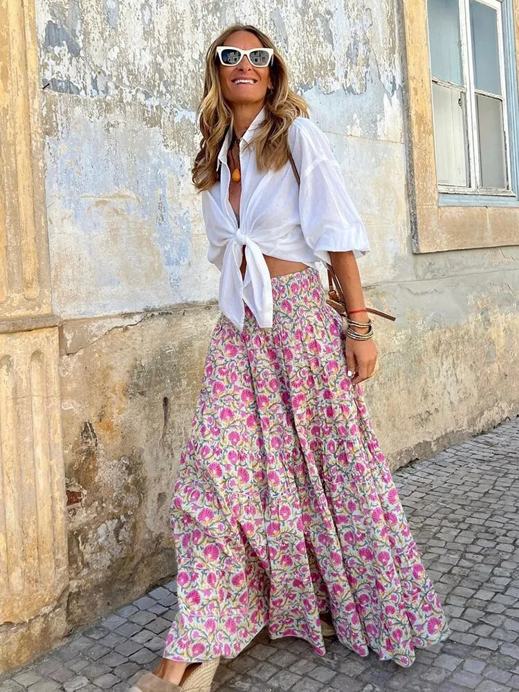 Getadme Jastie Boho Retro Floral Print Skirts Women Summer High Waist A-Line Pleated Long Skirts Casual Holiday Beach Skirt