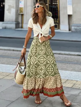 Getadme Jastie Boho Retro Floral Print Skirts Women Summer High Waist A-Line Pleated Long Skirts Casual Holiday Beach Skirt