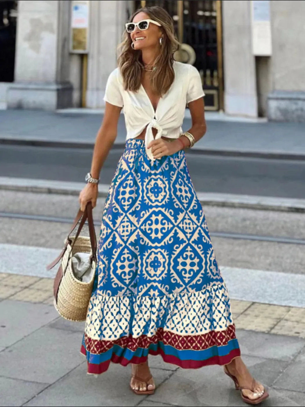 Getadme Jastie Boho Retro Floral Print Skirts Women Summer High Waist A-Line Pleated Long Skirts Casual Holiday Beach Skirt