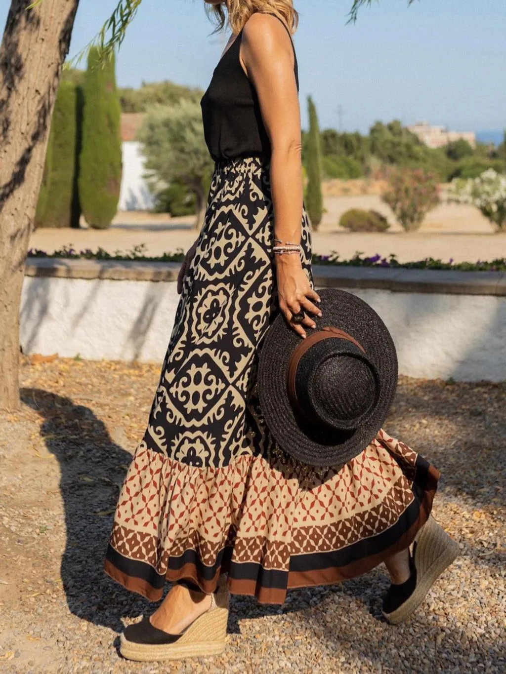 Getadme Jastie Boho Retro Floral Print Skirts Women Summer High Waist A-Line Pleated Long Skirts Casual Holiday Beach Skirt