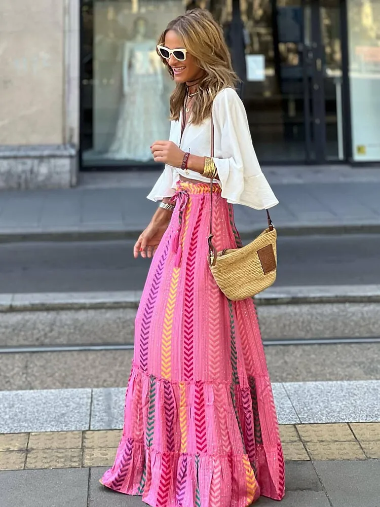 Getadme Jastie Boho Retro Floral Print Skirts Women Summer High Waist A-Line Pleated Long Skirts Casual Holiday Beach Skirt