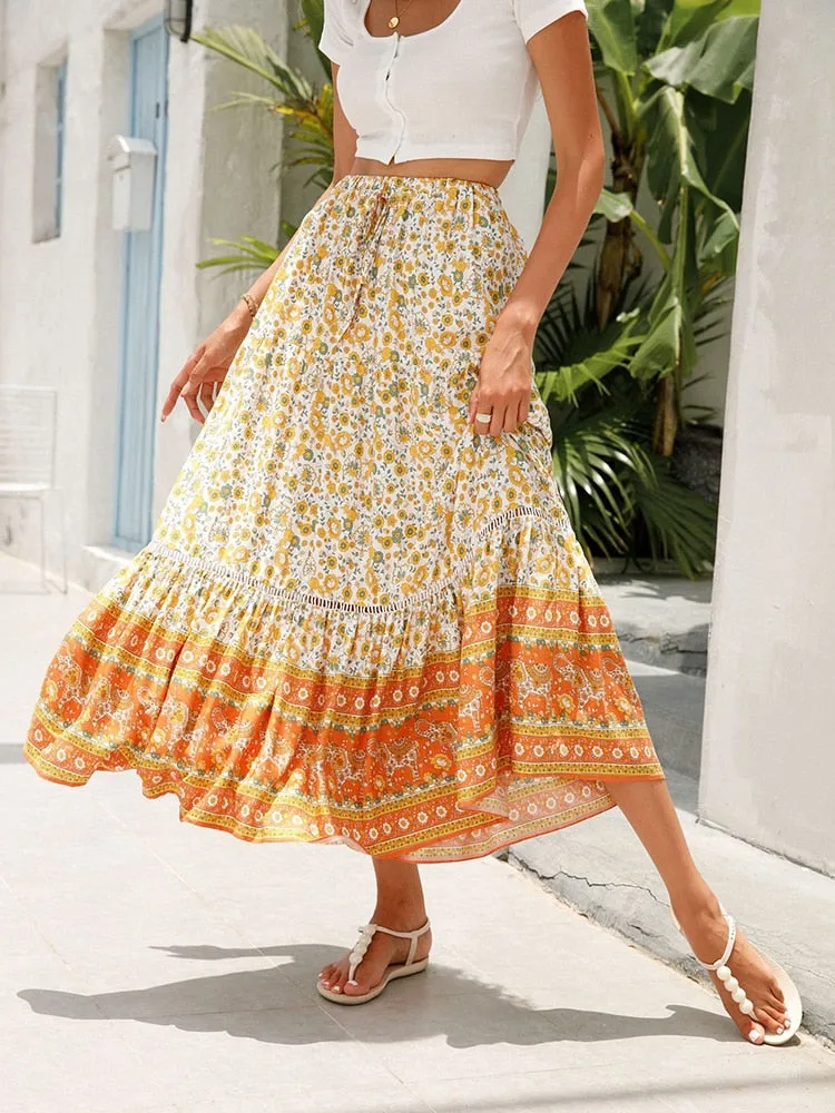 Getadme Jastie Boho Retro Floral Print Skirts Women Summer High Waist A-Line Pleated Long Skirts Casual Holiday Beach Skirt