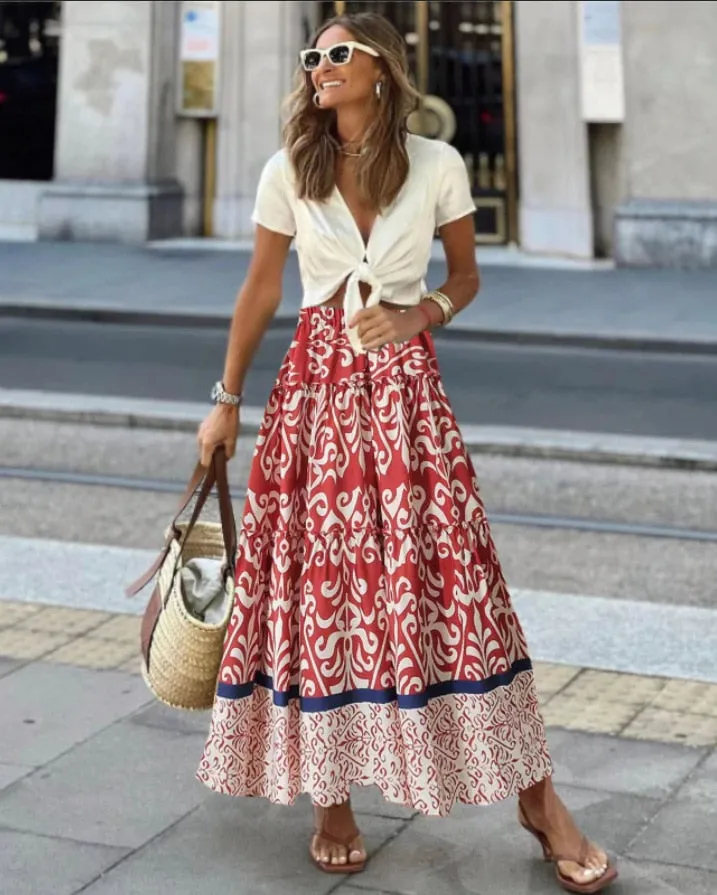 Getadme Jastie Boho Retro Floral Print Skirts Women Summer High Waist A-Line Pleated Long Skirts Casual Holiday Beach Skirt