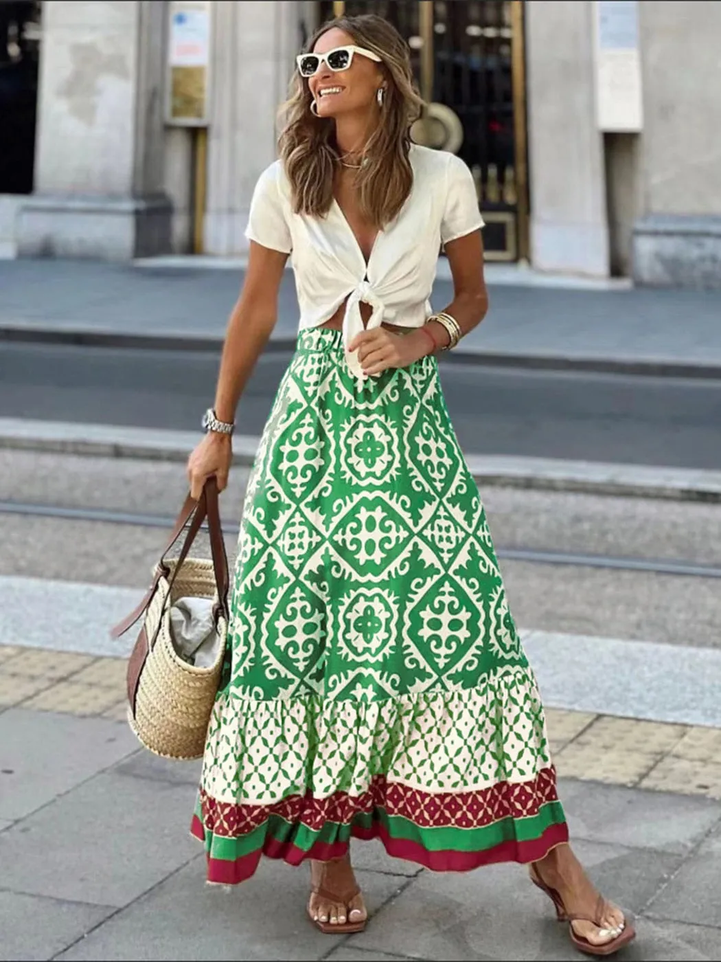 Getadme Jastie Boho Retro Floral Print Skirts Women Summer High Waist A-Line Pleated Long Skirts Casual Holiday Beach Skirt