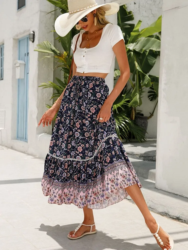 Getadme Jastie Boho Retro Floral Print Skirts Women Summer High Waist A-Line Pleated Long Skirts Casual Holiday Beach Skirt