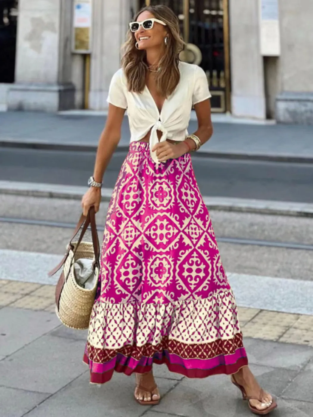 Getadme Jastie Boho Retro Floral Print Skirts Women Summer High Waist A-Line Pleated Long Skirts Casual Holiday Beach Skirt