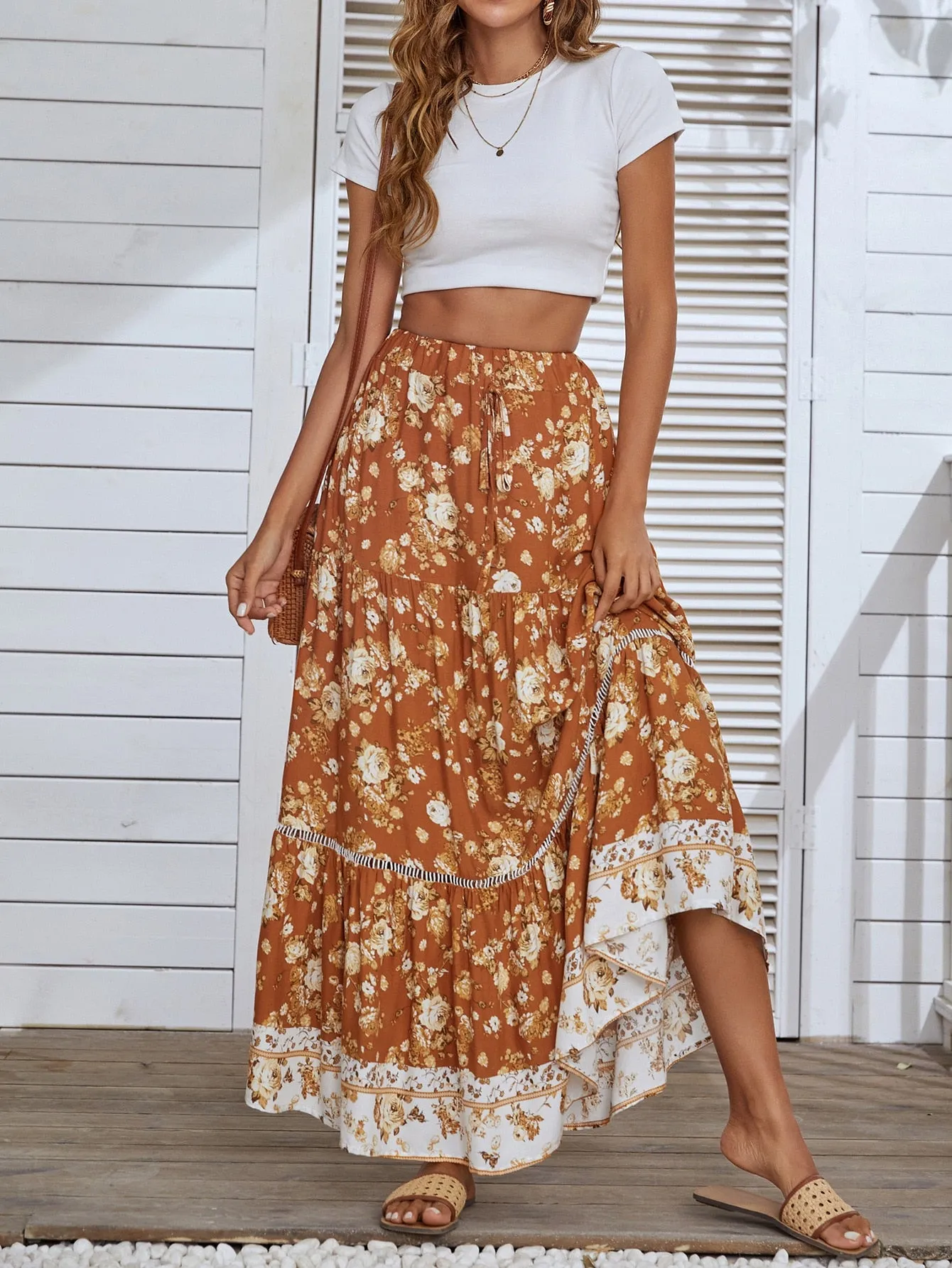 Getadme Jastie Boho Retro Floral Print Skirts Women Summer High Waist A-Line Pleated Long Skirts Casual Holiday Beach Skirt