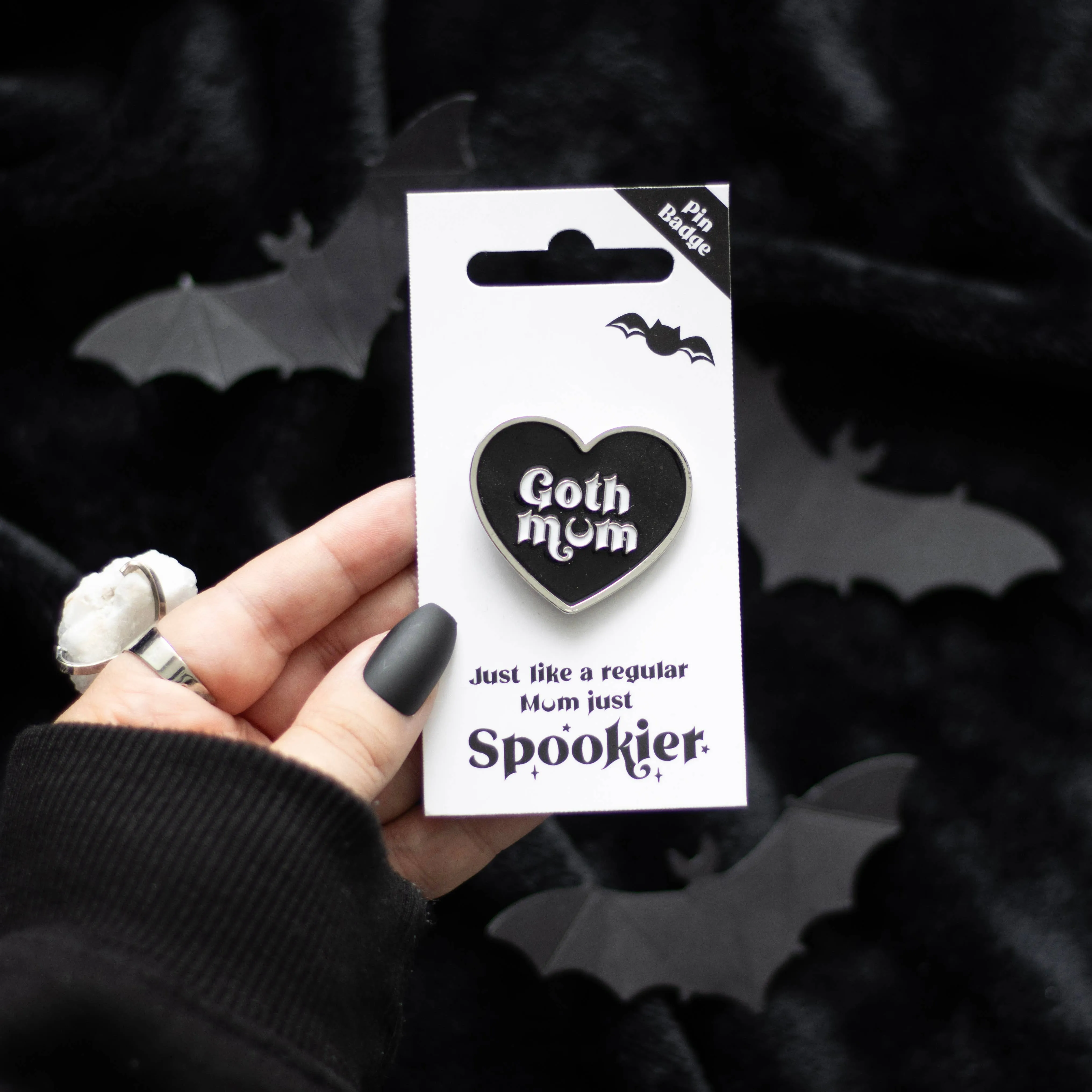 Goth Mum Mom Black Heart Pin Badge
