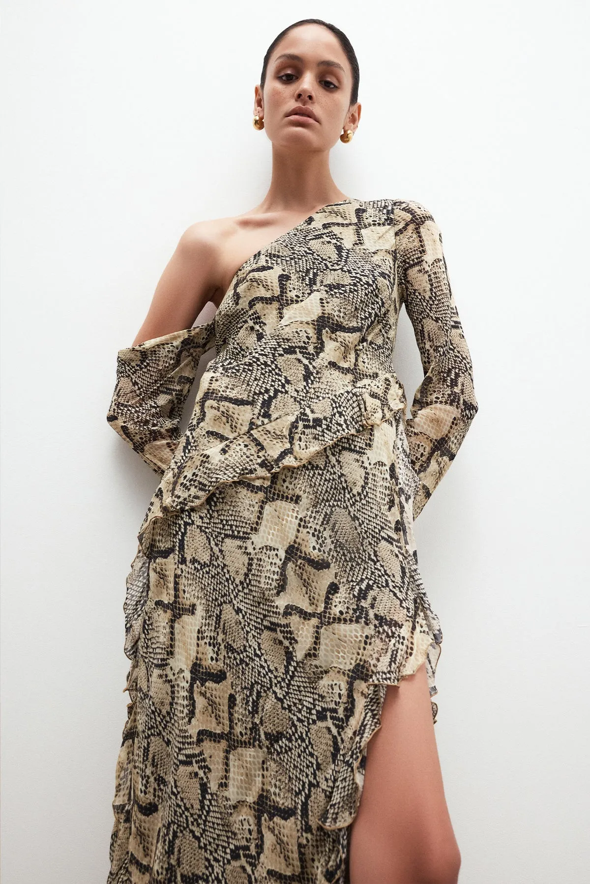 HADIYA ASYMMETRICAL LONG SLEEVE RUFFLE MAXI DRESS