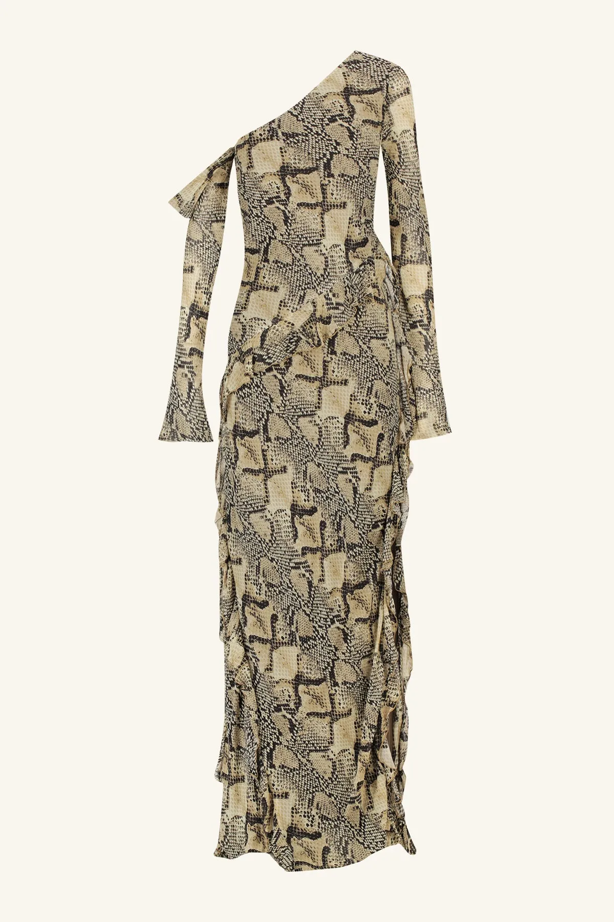 HADIYA ASYMMETRICAL LONG SLEEVE RUFFLE MAXI DRESS