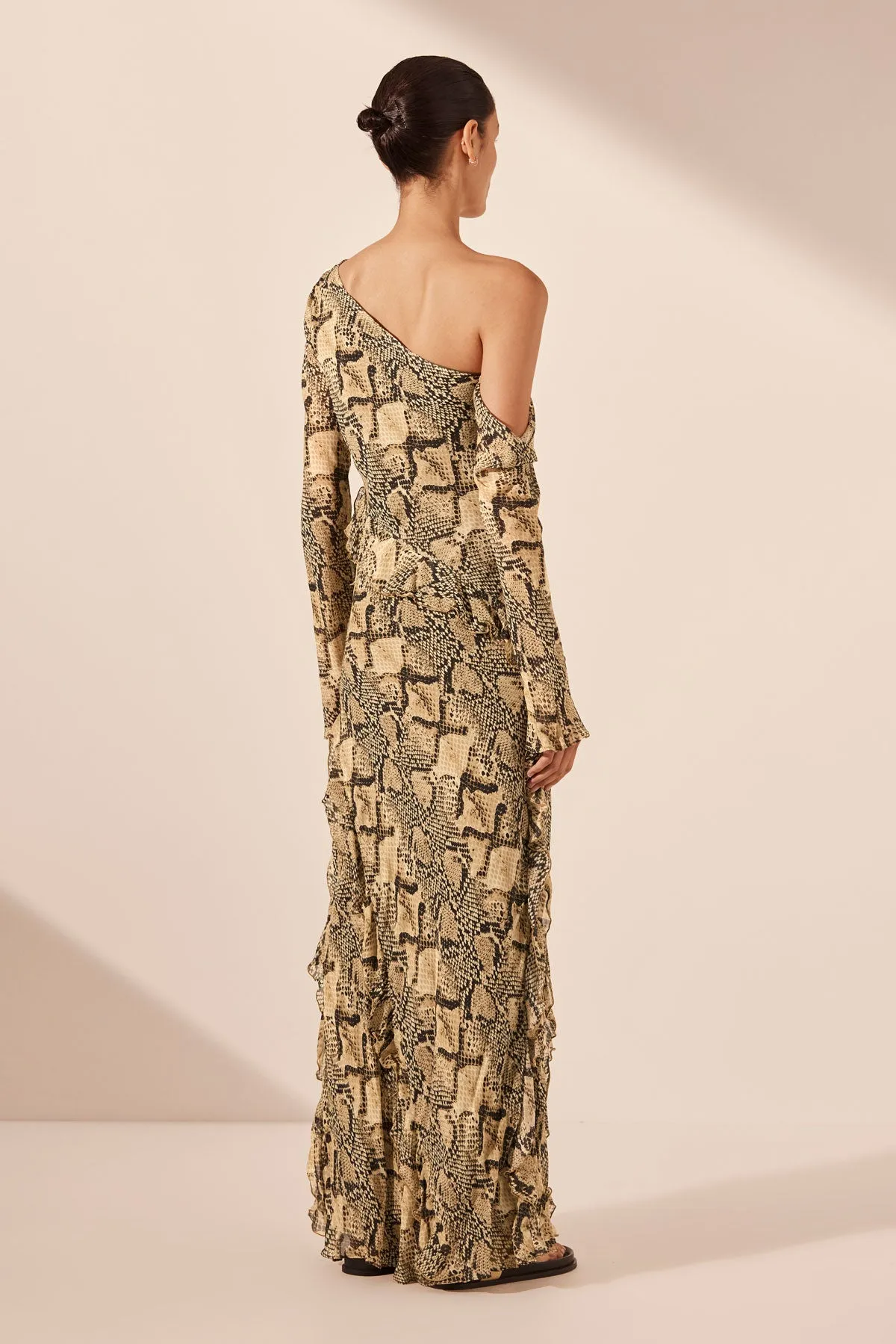HADIYA ASYMMETRICAL LONG SLEEVE RUFFLE MAXI DRESS