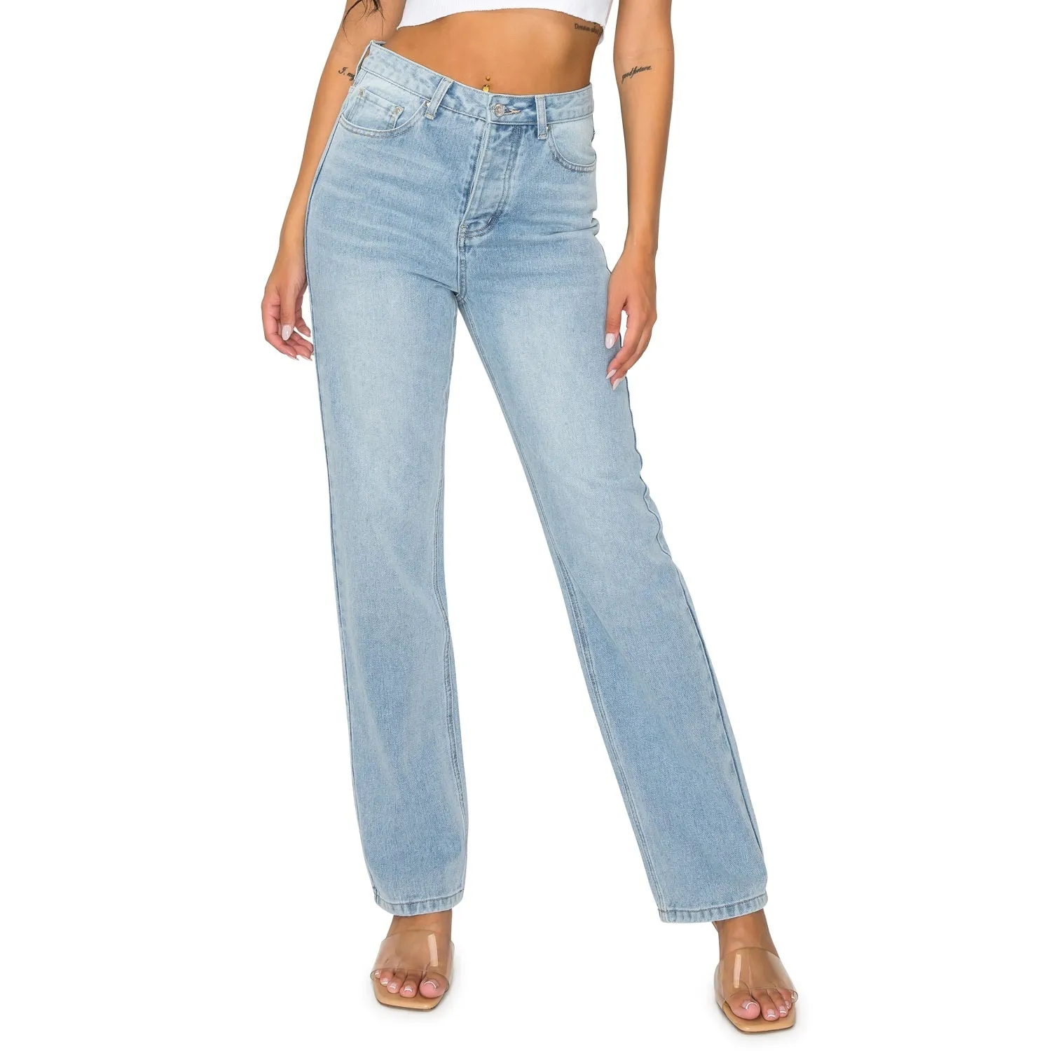 High Waisted Straight Leg Jeans - Light Wash