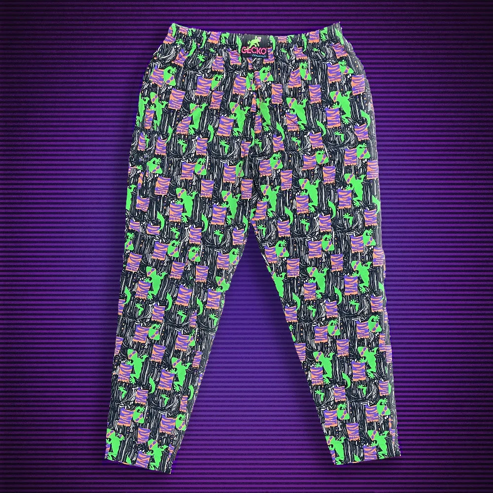 Black and Orange Gecko Print Jungle Beach Pants - Iconic 1988 Style