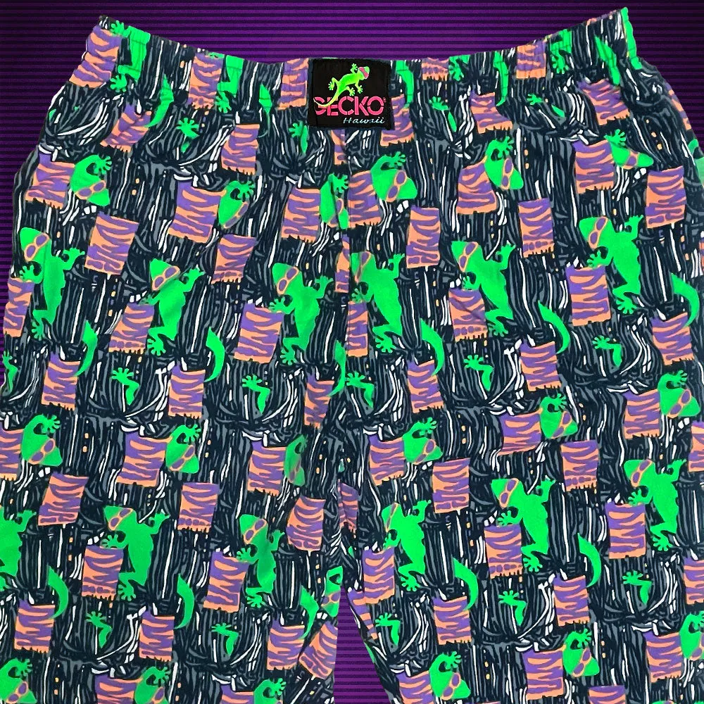 Black and Orange Gecko Print Jungle Beach Pants - Iconic 1988 Style