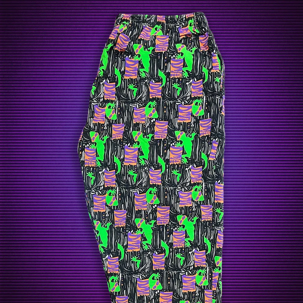 Black and Orange Gecko Print Jungle Beach Pants - Iconic 1988 Style