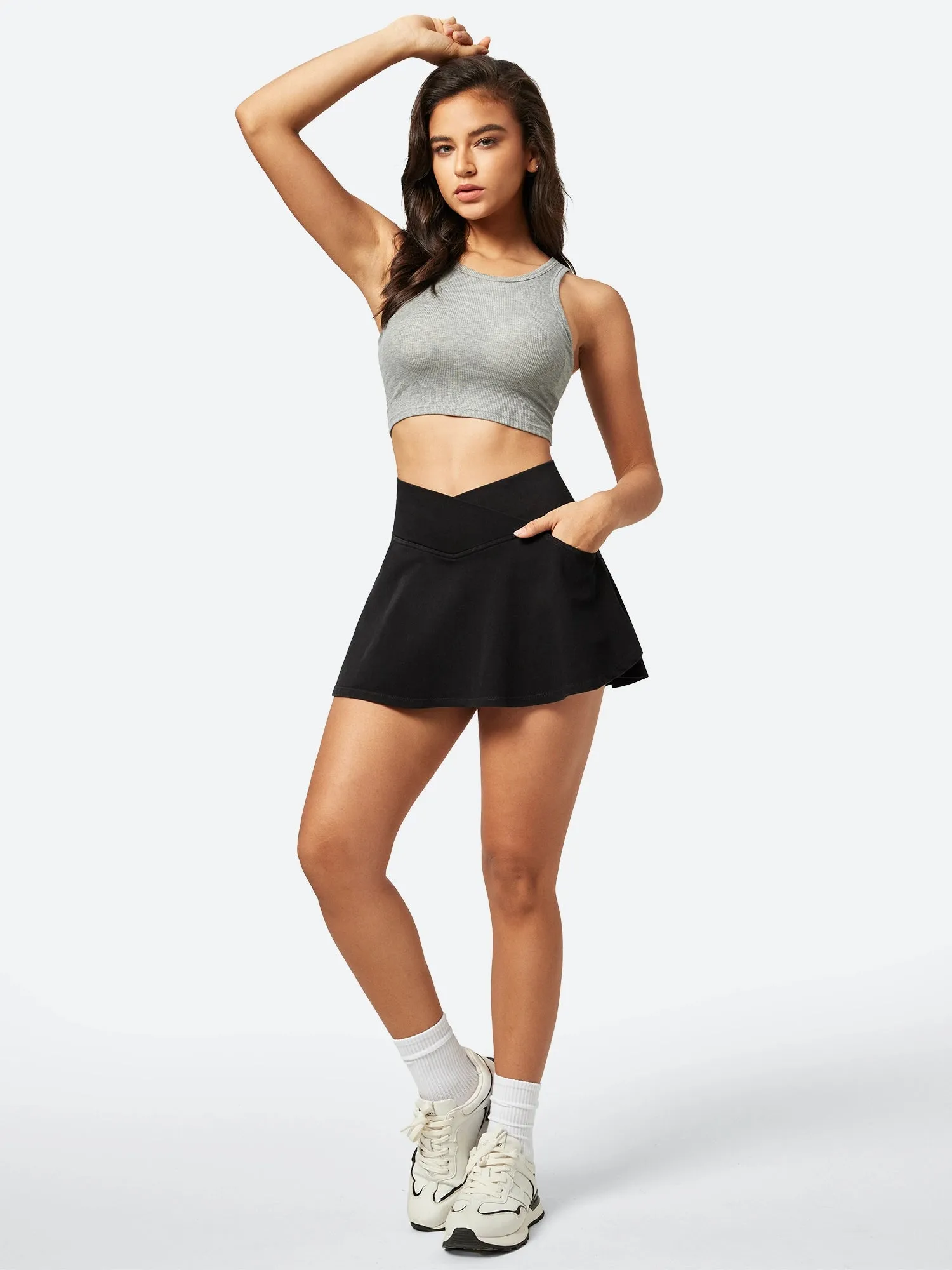 IUGA V-Waist Stretchy Ruffle Denim Skort With 4 Pockets