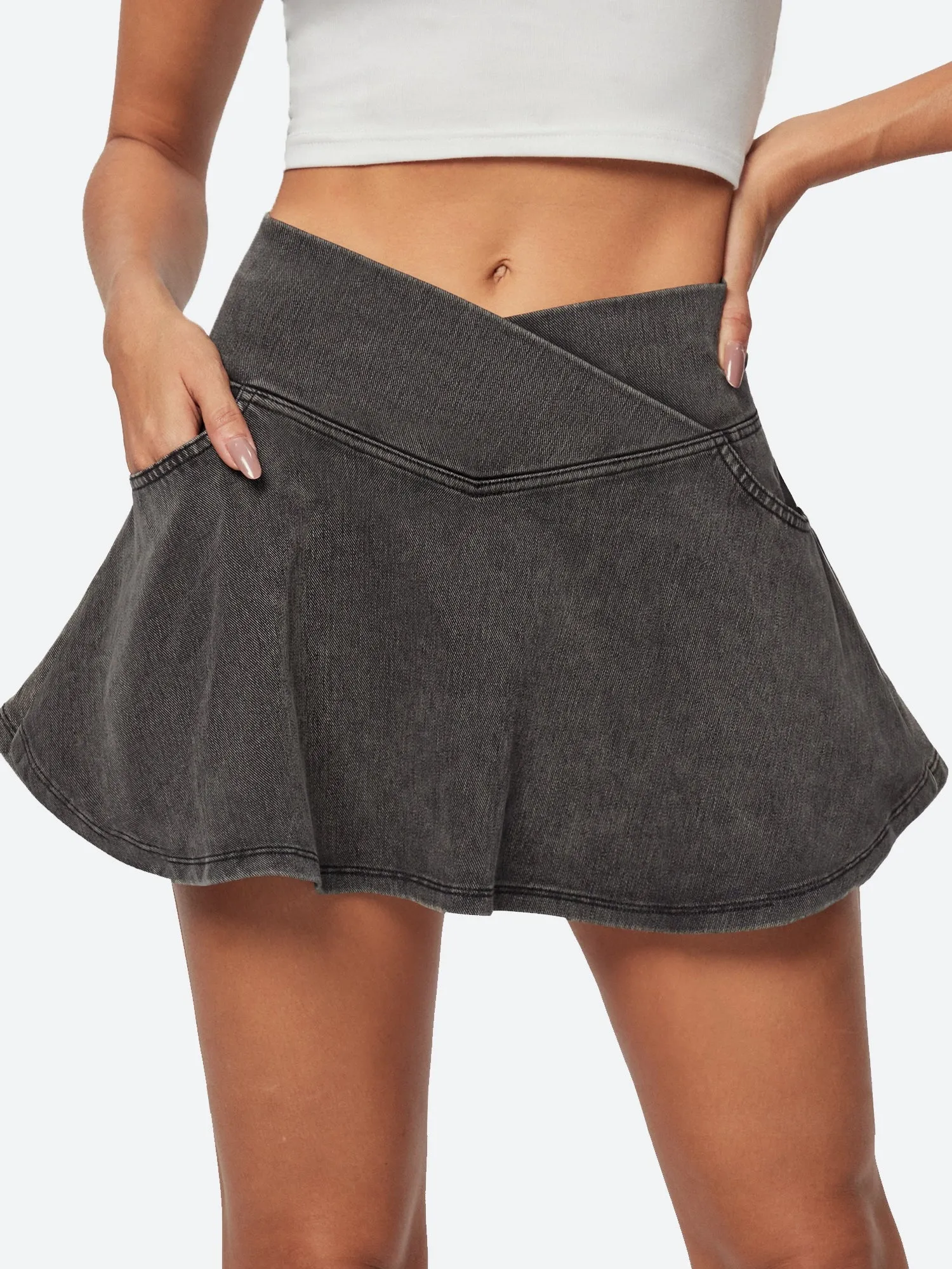 IUGA V-Waist Stretchy Ruffle Denim Skort With 4 Pockets