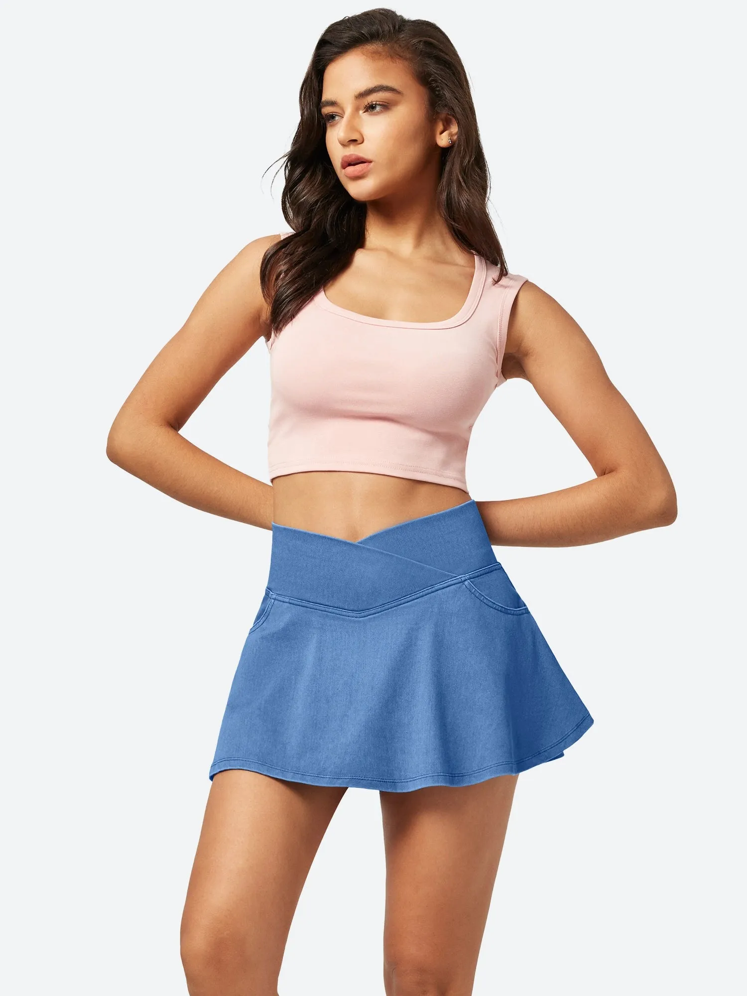 IUGA V-Waist Stretchy Ruffle Denim Skort With 4 Pockets