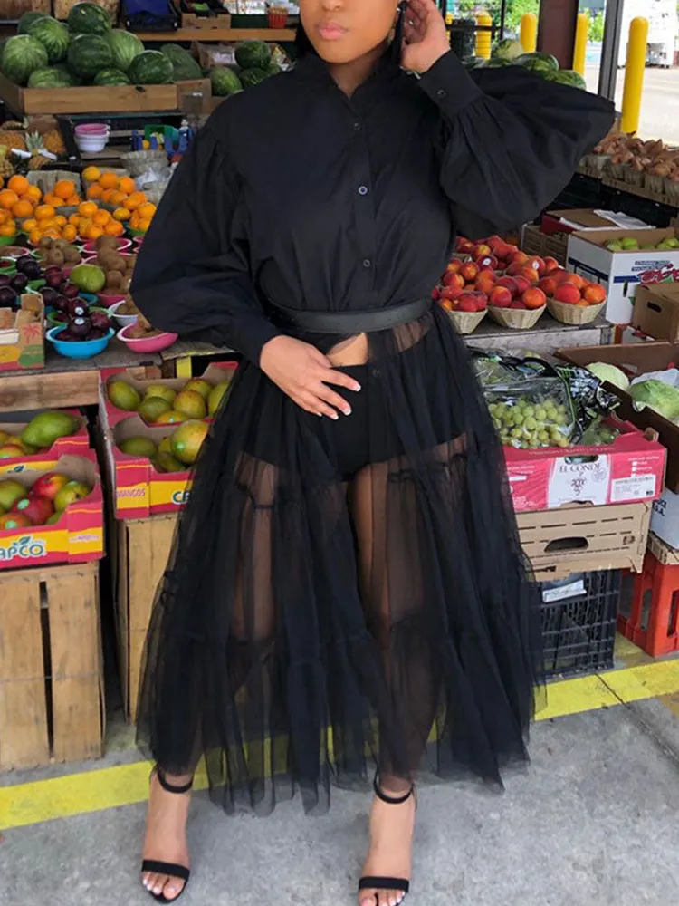 Lantern Sleeve Graceful Split Maxi Dress