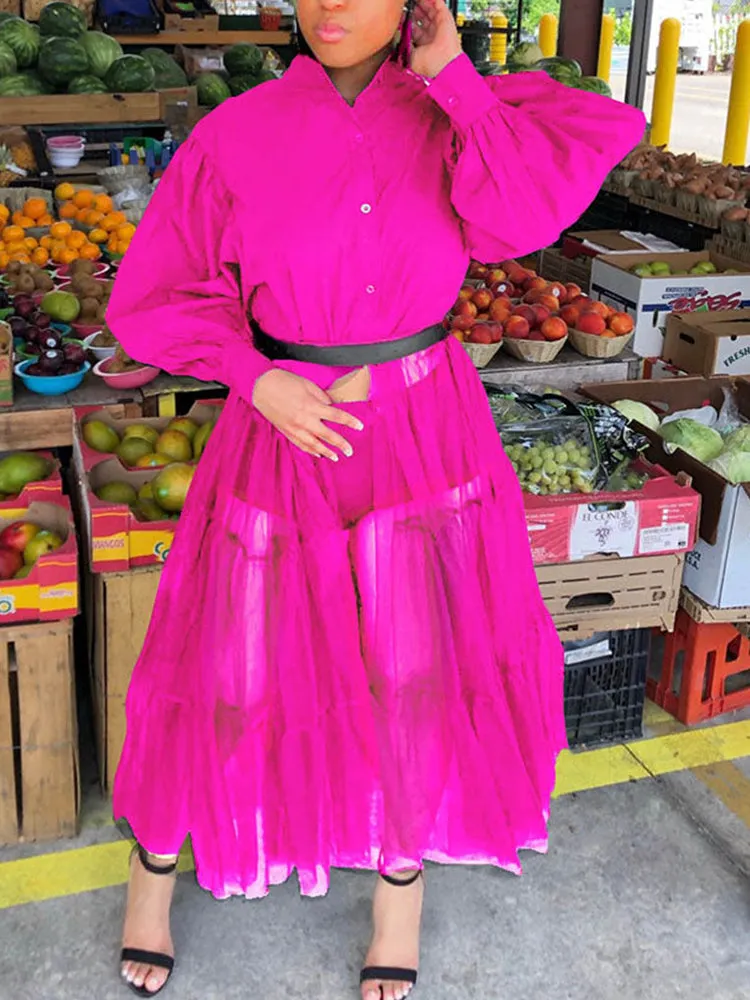 Lantern Sleeve Graceful Split Maxi Dress
