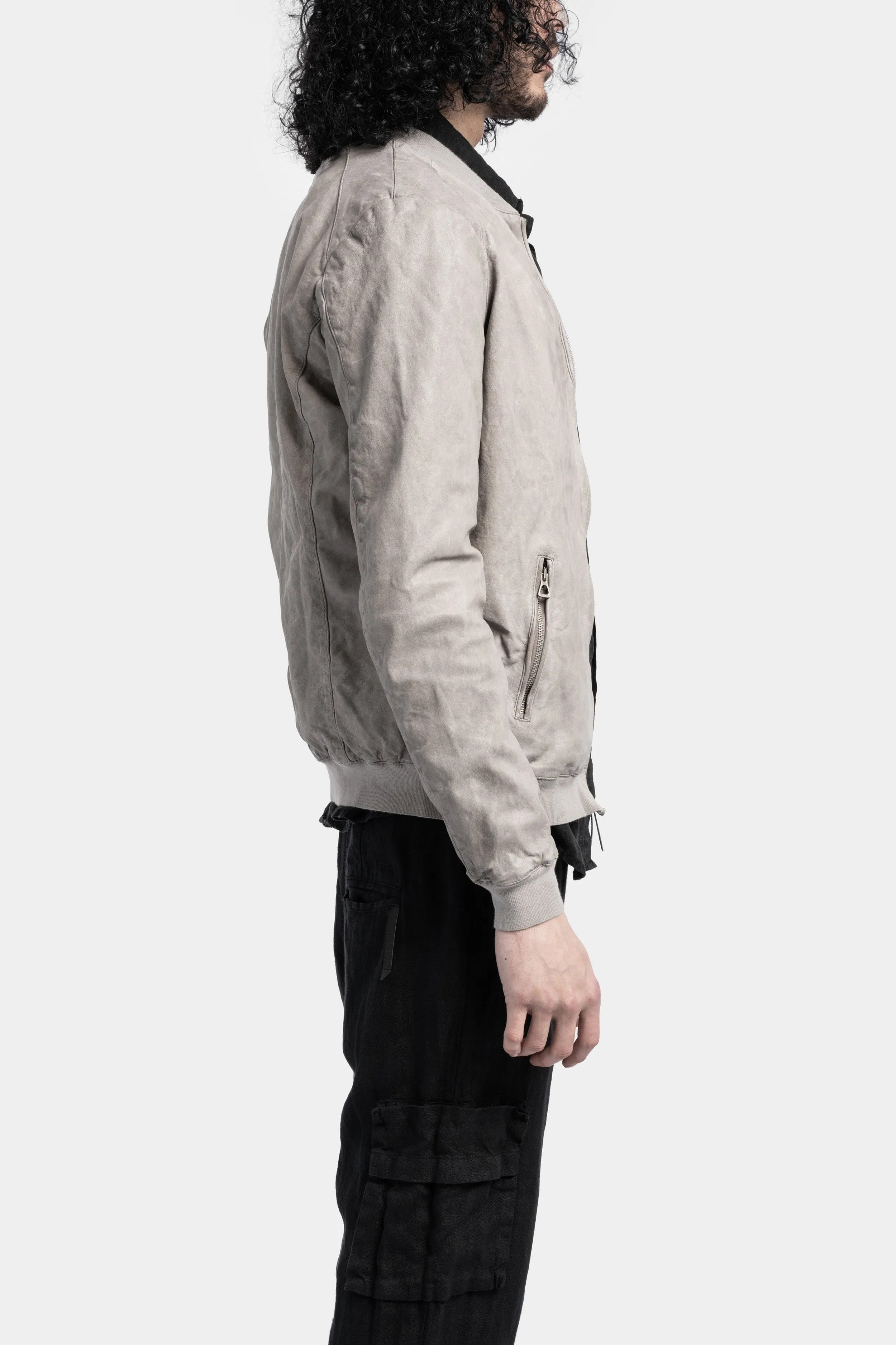 Mens Premium Light Grey Leather Bomber Jacket - Stylish & Versatile Outerwear