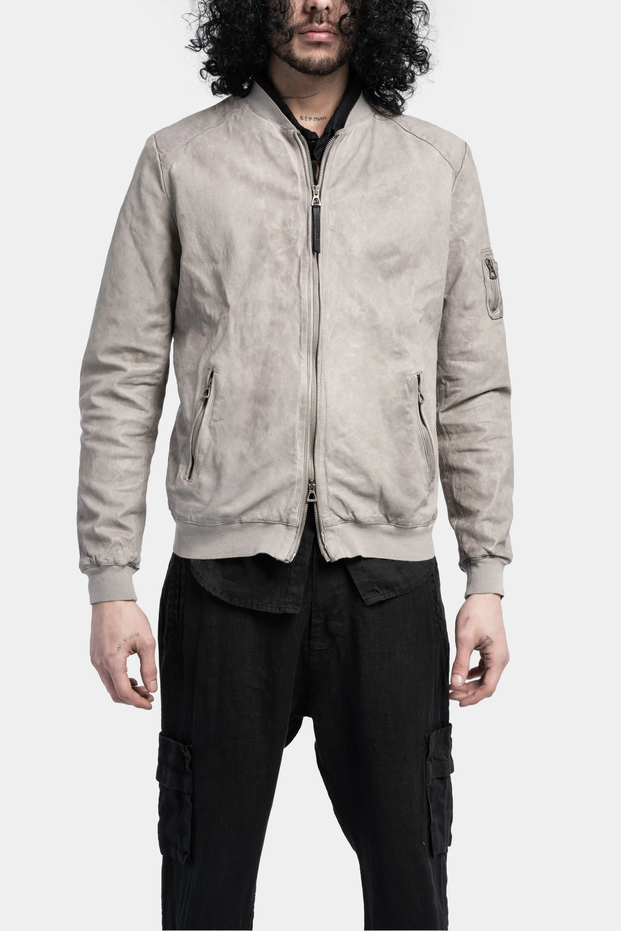 Mens Premium Light Grey Leather Bomber Jacket - Stylish & Versatile Outerwear