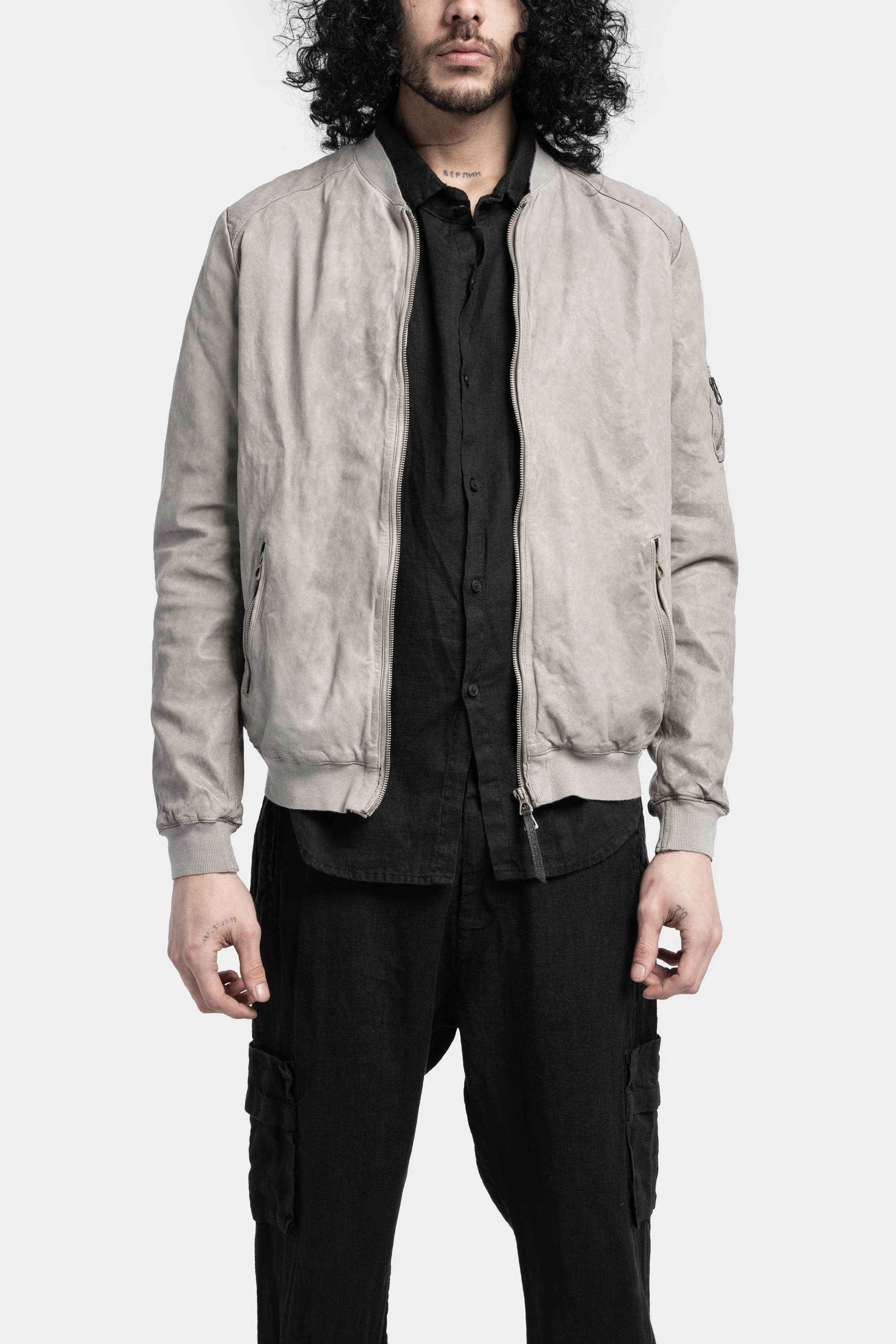 Mens Premium Light Grey Leather Bomber Jacket - Stylish & Versatile Outerwear