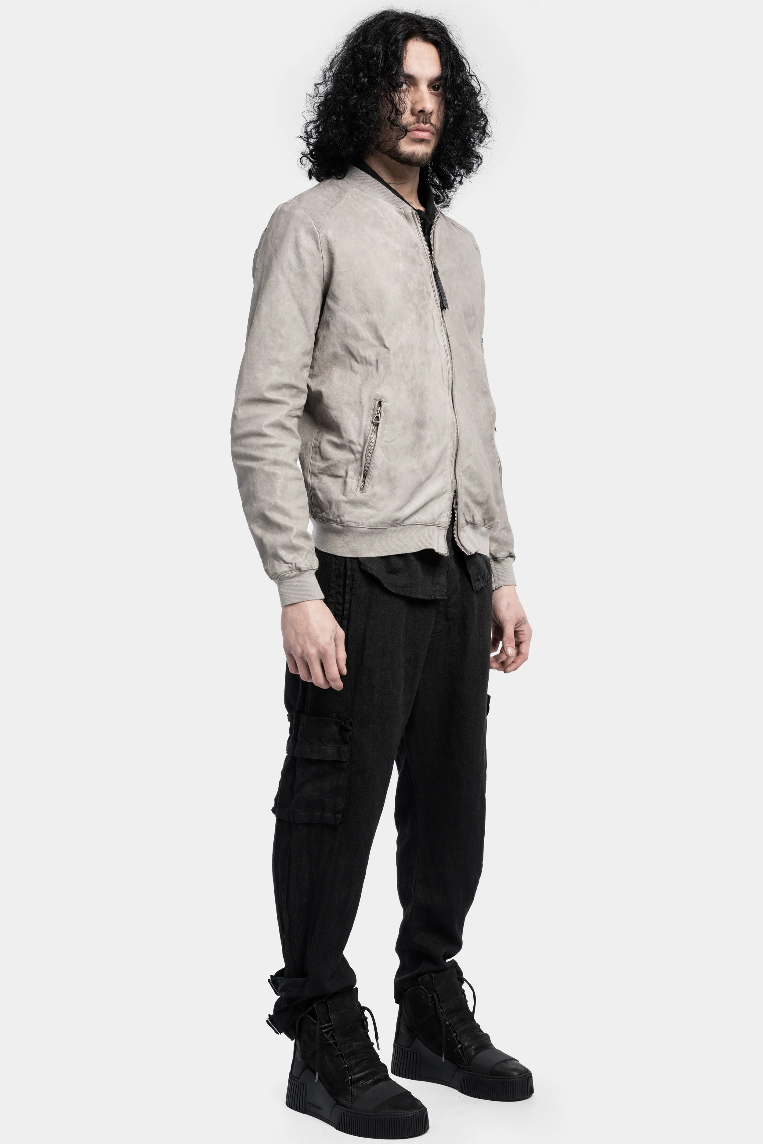Mens Premium Light Grey Leather Bomber Jacket - Stylish & Versatile Outerwear