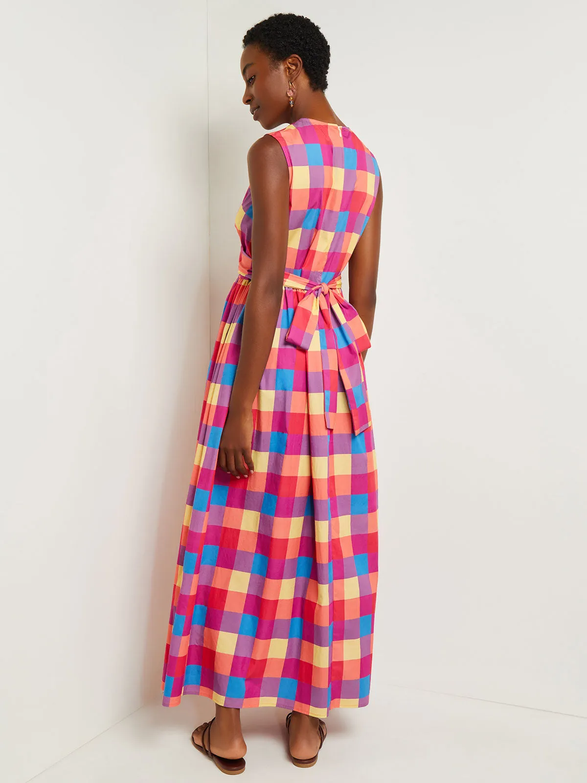 Maxi Tie Waist Dress - Plaid Cotton Blend