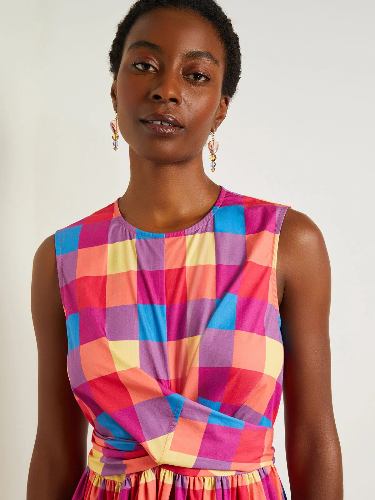 Maxi Tie Waist Dress - Plaid Cotton Blend