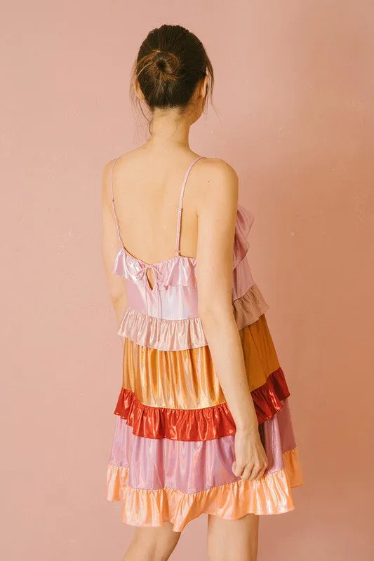 Metallic Iridescent Color Block Ruffled Dress