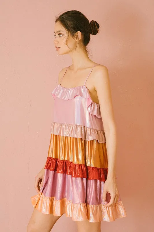 Metallic Iridescent Color Block Ruffled Dress