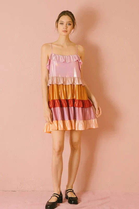 Metallic Iridescent Color Block Ruffled Dress