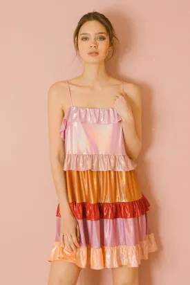 Metallic Iridescent Color Block Ruffled Dress