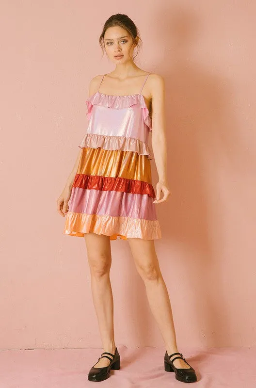 Metallic Iridescent Color Block Ruffled Dress