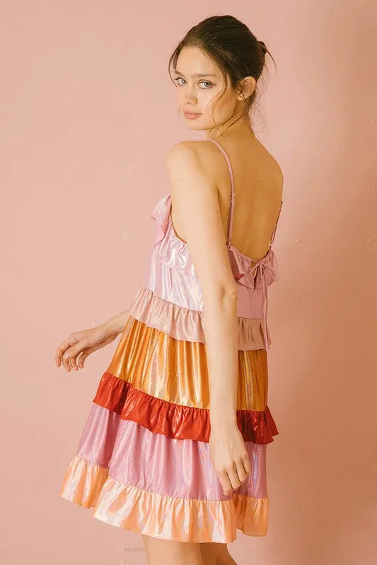 Metallic Iridescent Color Block Ruffled Dress