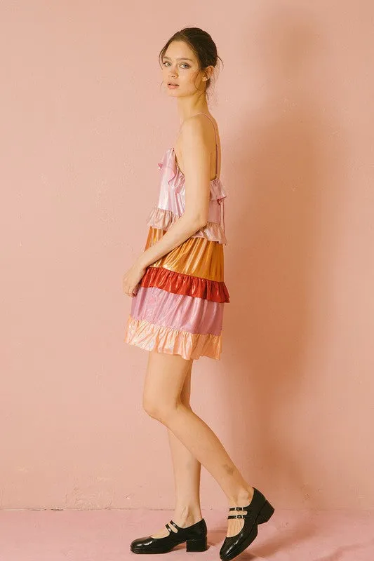 Metallic Iridescent Color Block Ruffled Dress