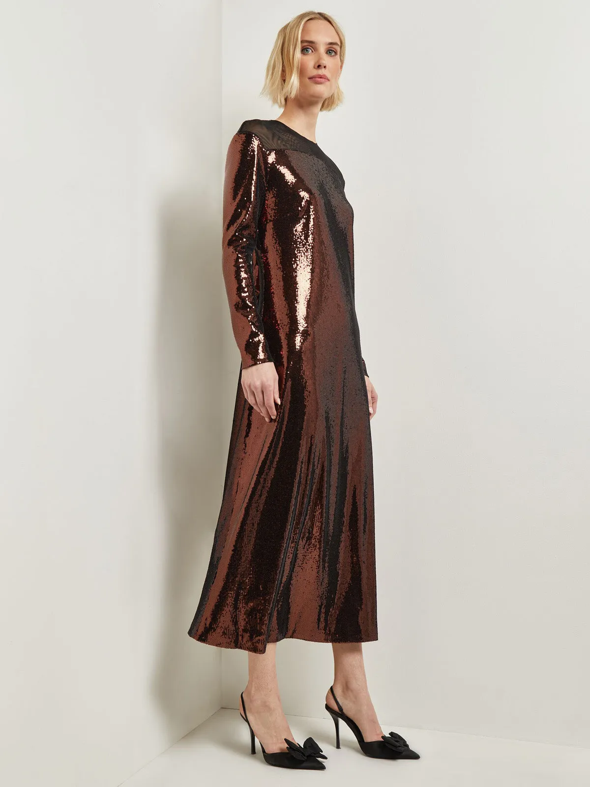 Modern Fit Sheer Shoulder Sequin A-Line Maxi Dress