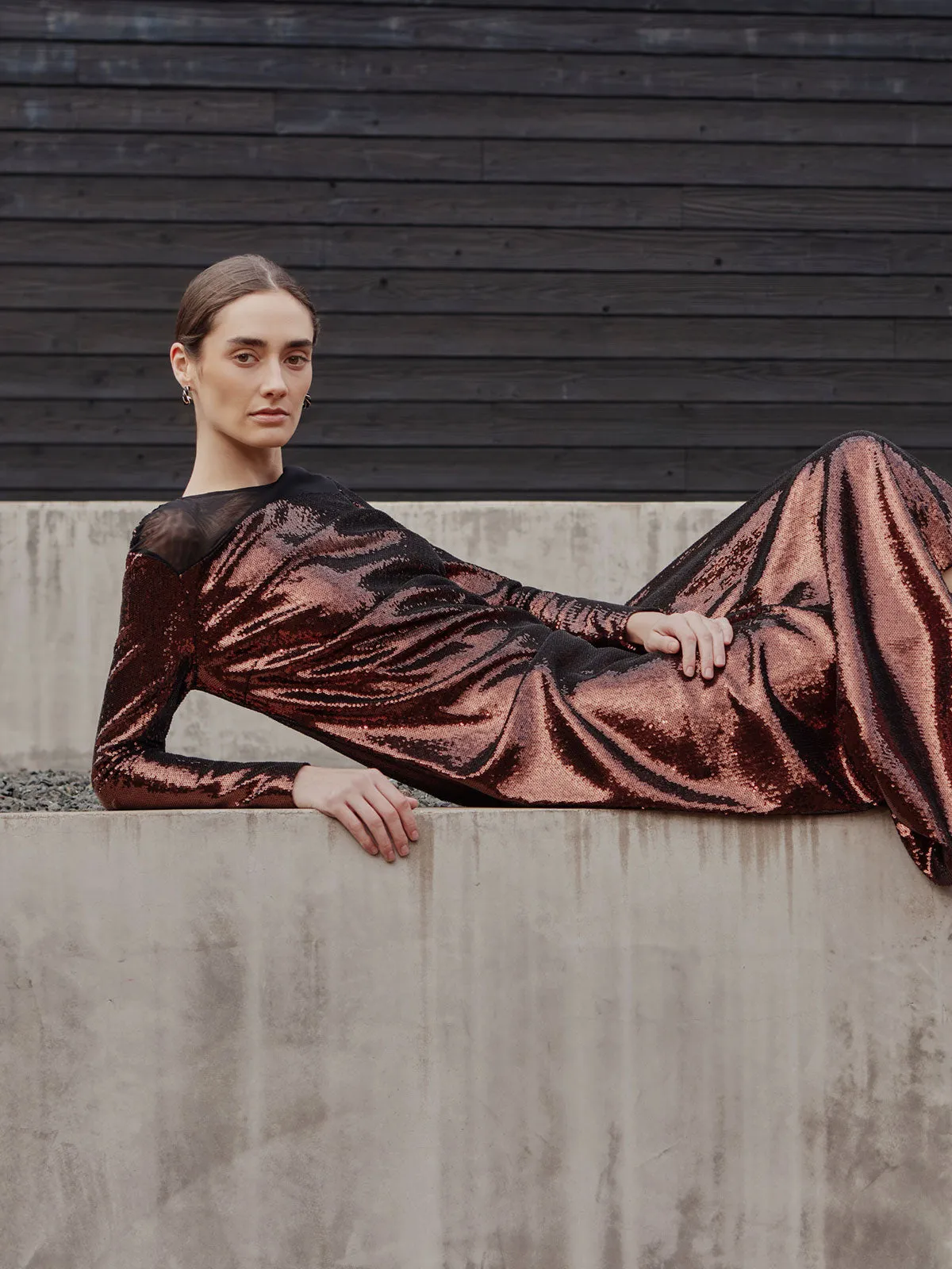 Modern Fit Sheer Shoulder Sequin A-Line Maxi Dress